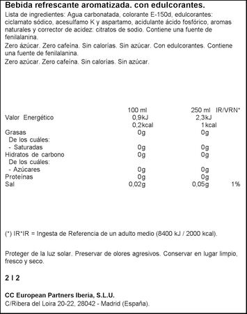 Refresco cola Coca-Cola botella 2l zero zero sin cafeína