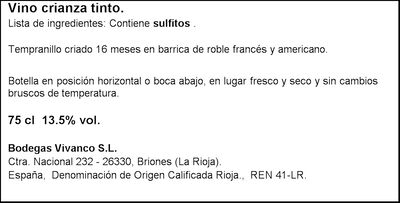 Vino tinto DO Rioja Vivanco crianza 75cl