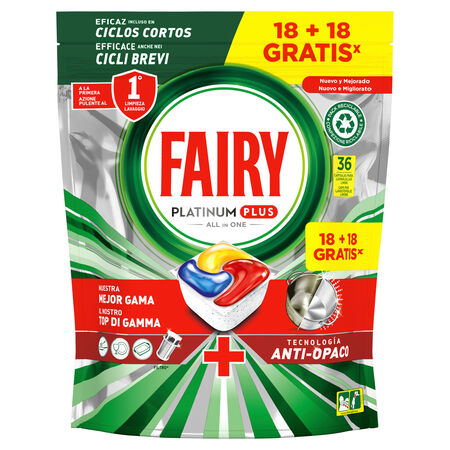 Detergente lavavajillas cápsulas Fairy 18 + 18 unidades Platinum todo en uno Plus