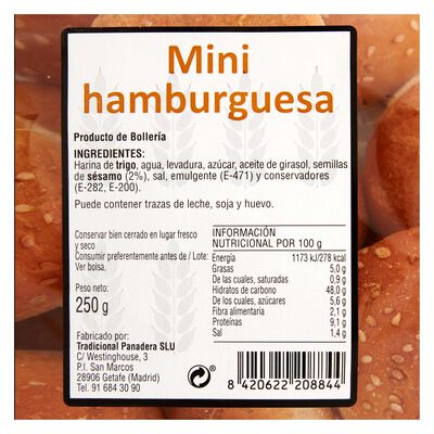 Pan mini hamburguesas 250g