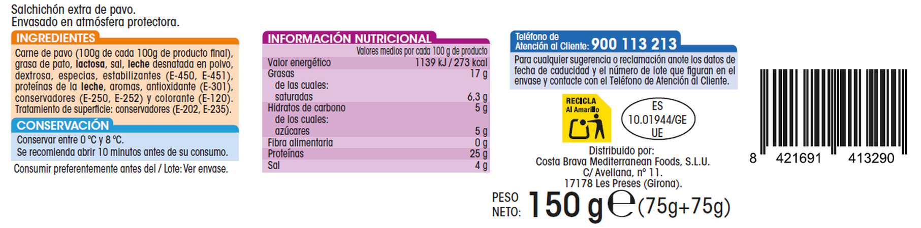 Salchichón de pavo en lonchas Alipende pack 2 de 75g