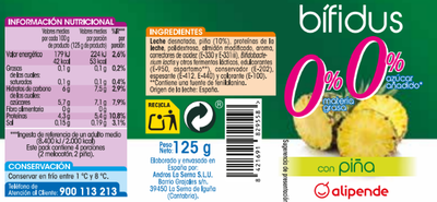 Bífidus Alipende sin azúcar añadido pack 4 melocotón y piña