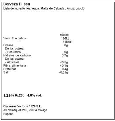 Cerveza Victoria M&aacute;laga - Pack 6x20cl