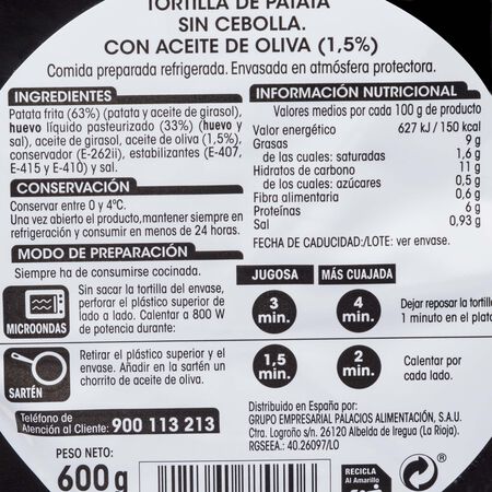 Tortilla de patata sin gluten Alipende 600g sin cebolla