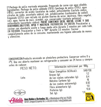 Pechuga de pollo sin gluten marinada empanada Aldelis 400gr