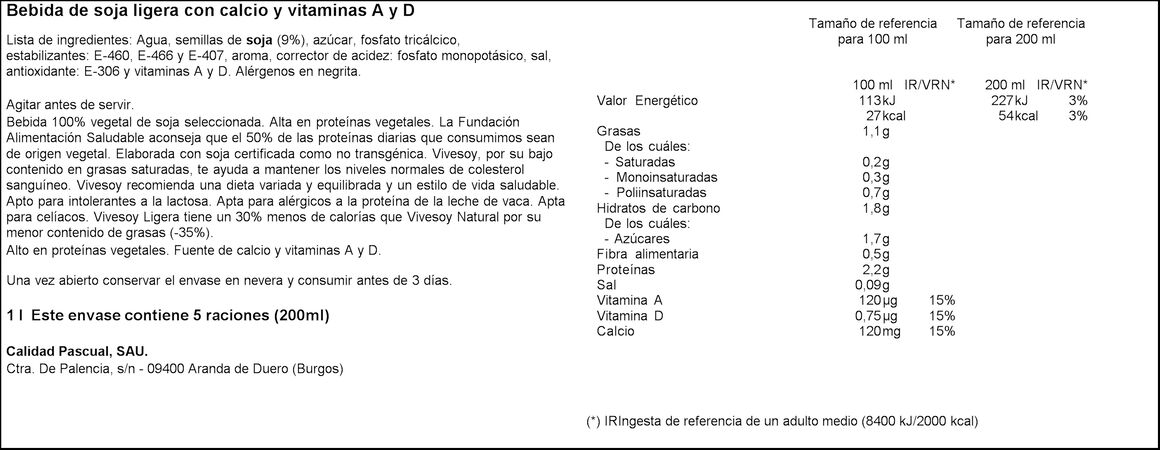 Bebida de soja ligera Vivesoy 1l
