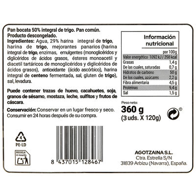 Bocata 50% integral trigo 3 unidades de 120g