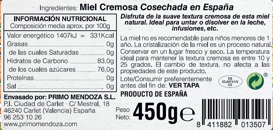 Miel textura cremosa de origen nacional Apiterapia 450g