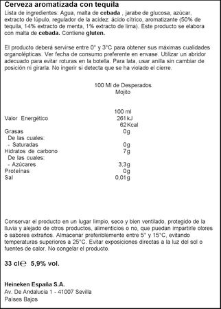 Cerveza con tequila Desperados Mojito botella 33cl 