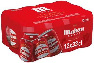 Cerveza rubia especial Mahou 5 Estrellas pack 12 latas 33cl