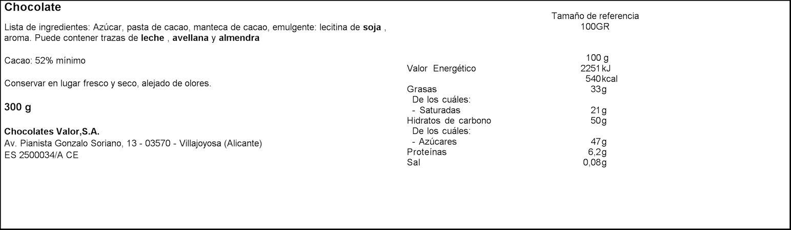 Chocolate puro sin gluten Valor 300g