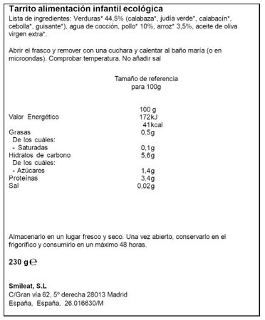 Alimento infantil ecológico con pollo arroz y guisantes Smileat 230 g
