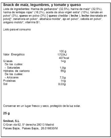 Alimento infantil snack ma&iacute;z garbanzo lenteja tomate queso Smilondas 25g