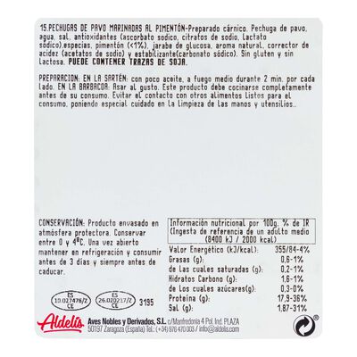 Pechuga de pavo al piment&oacute;n Aldel&iacute;s 500g aproximadamente