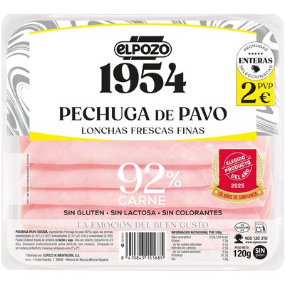Pechuga de pavo 1954 ELPOZO 120 gr lonchas frescas finas sin gluten y sin lactosa