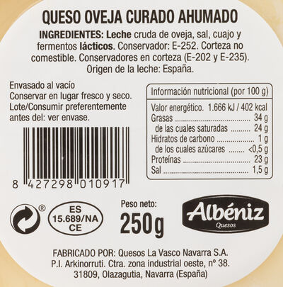 Queso oveja curado ahumado Albeniz 250 gr.