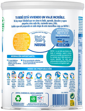 Leche infantil en polvo Nativa 1 Nestl&eacute; 800g