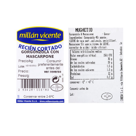 Queso gorgonzola mascarpone Millán Vicente cuña 190g aproximadamente