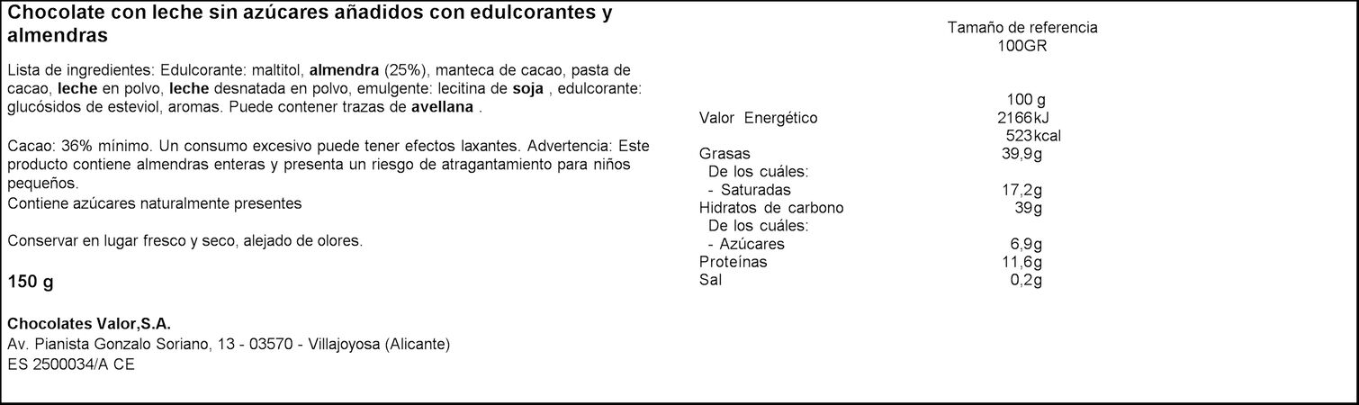 Chocolate con almendras marconas s/gluten s/azúcar añadido Valor 150g