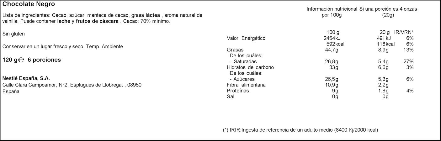 Chocolate negro Nestlé 120g 70% de cacao