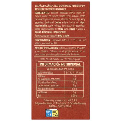 Lasa&ntilde;a gratinada bolo&ntilde;esa 350g