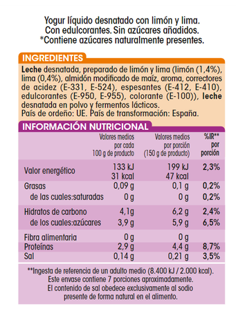 Yogur líquido desnatado Alipende 1kg lima limón