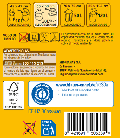 Bolsas de basura Lanta 30 uds 30 litros reciclado de envases color amarillo