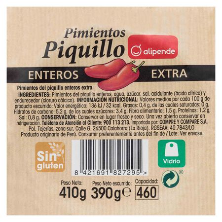 Pimientos de piquillo enteros sin gluten Alipende 390g