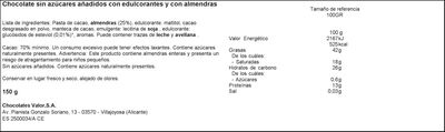 Chocolate negro 70% de cacao almendras s/gluten Valor 150g