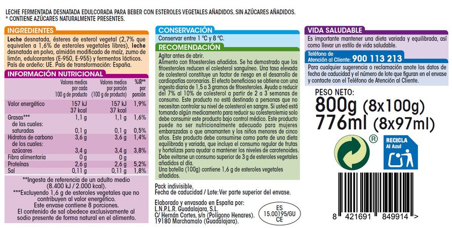 Bebida láctea Alipende colesterol pack 8 natural