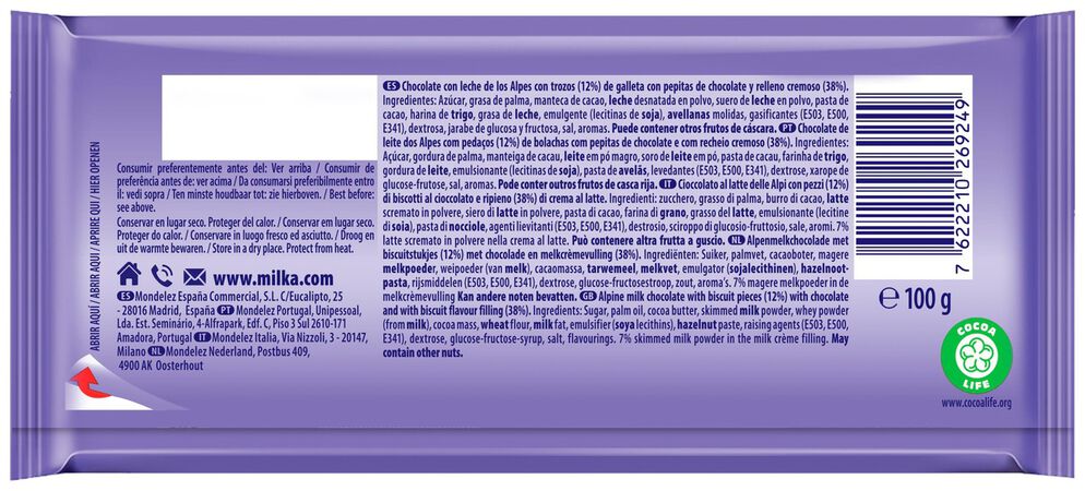Chocolate con leche Milka 100g relleno de chips ahoy