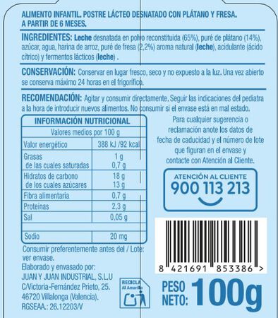 Postre l&aacute;cteo desnatado Alipende 100gr Fresa y pl&aacute;tano