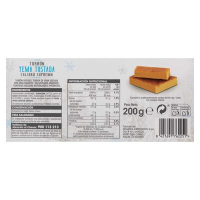 Turr&oacute;n de yema tostada sin az&uacute;car a&ntilde;adido Alipende 200g
