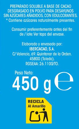 Cacao soluble 0% az&uacute;cares a&ntilde;adidos Alipende 450g