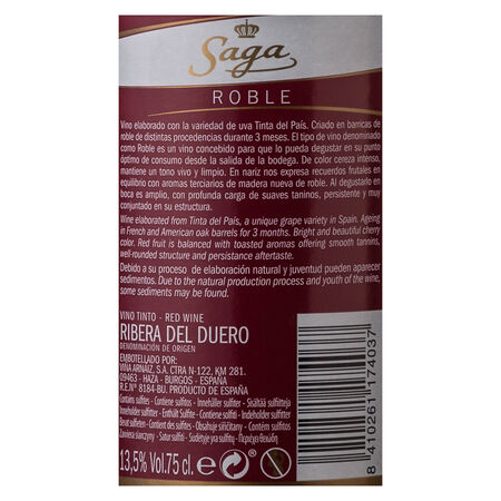 Vino tinto DO Ribera del Duero Saga roble