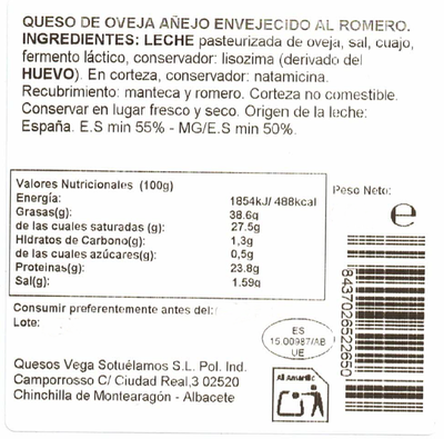 Queso oveja curado Vega Sotuelamos 220gr al romero