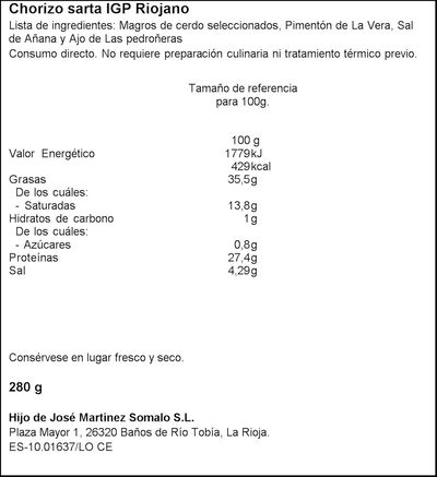 Chorizo sarta extra 100% natural La Gloria Riojana 280g