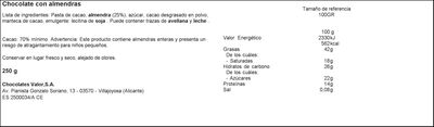 Chocolate negro 70% de cacao almendras s/gluten Valor 250g