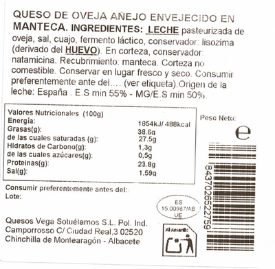 Queso oveja a&ntilde;ejo Vega Sotuelamos 220gr tradici&oacute;n envejecido en manteca