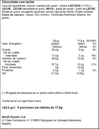 Chocolate con leche Nestl&eacute; Extrafino tableta 125g