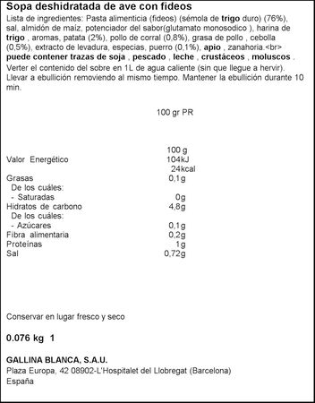 Sopa Gallina Blanca 76g ave con fideos