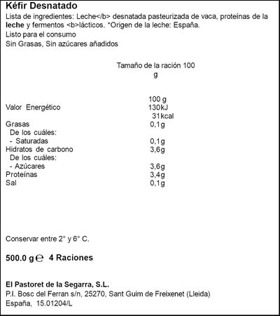 K&eacute;fir leche de vaca de pasto 0% materia grasa Pastoret 500g
