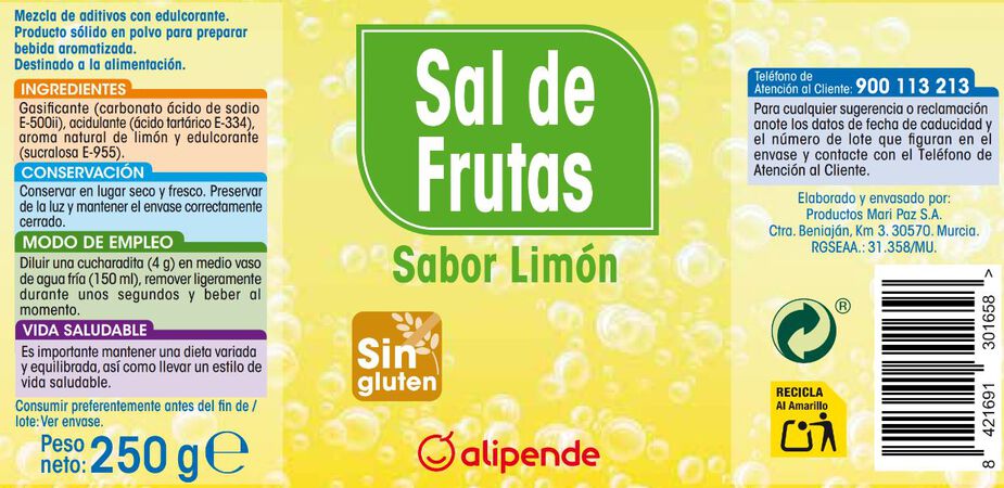 Sal de frutas Alipende 250g sabor limón