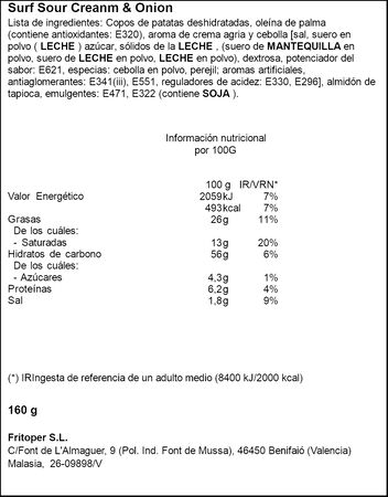 Snack de patata con sabor sour cream Surf Chips 160g
