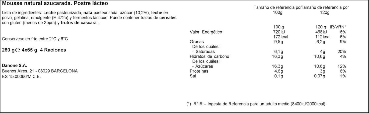 Mousse Danone pack 4 natural azucarado