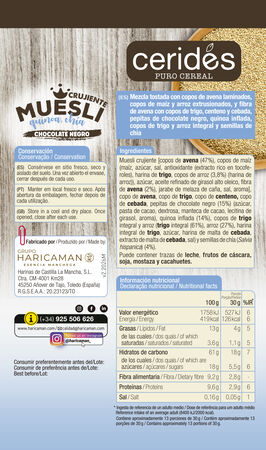 Muesli crujiente con quinoa chia y chocolate negro Cerides 400g