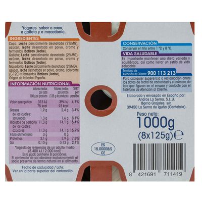 Yogur Alipende pack 8 coco macedonia galleta