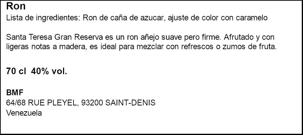Ron añejo Gran Reserva Santa Teresa 70cl