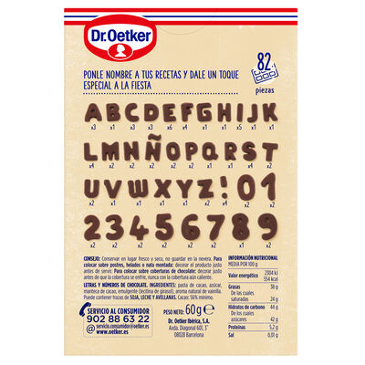 Letras y n&uacute;meros de chocolate para reposter&iacute;a Dr Oetker 60g