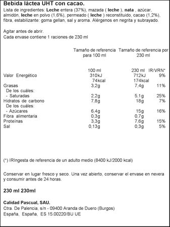 Bebida l&aacute;ctea cremosa lateado Pascual 230ml cacao africano
